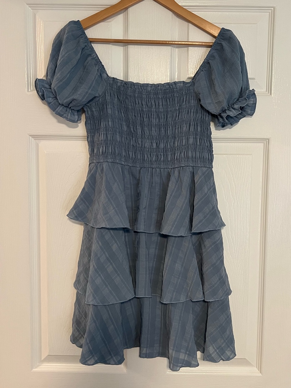 Evolutionary Blue Tiered Smocked Puff Sleeve Dress